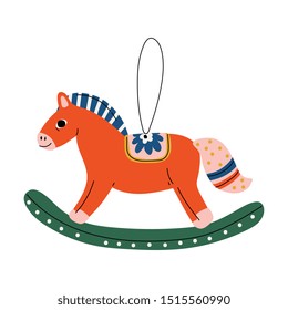 Rocking Horse Christmas Tree Toy, Cute New Year Decorative Element Hanging on Ribbon Vector Illustration