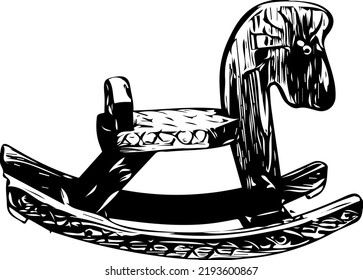 Rocking Horse Doodle Cartoon, Rocking Horse Line Art Vector Silhouette, Sketch Drawing Rocking Horse