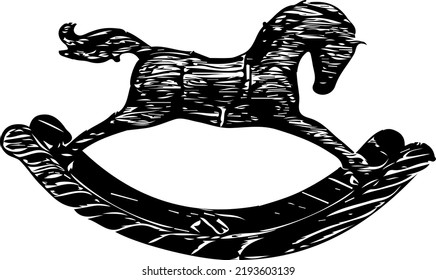 Rocking horse doodle cartoon, rocking horse line art vector silhouette, sketch drawing rocking horse