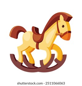 Rocking horse flat vector illustration featuring a traditional toy for kids with a saddle wooden entertainment piece for playtime and fun activities suitable for children