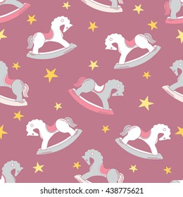 Rocking horse hand drawn seamless pattern. Doodle background vector. Cartoon illustration with stars 