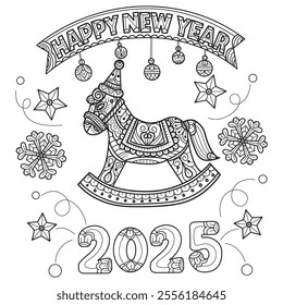 Rocking horse and Happy New Year hand drawn for adult coloring book
