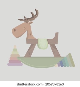 Rocking horse with moose head. Cute children's toy in pastel colors. Сlassic wooden swing. Vector illustration with toy and pyramids on light grey background.
