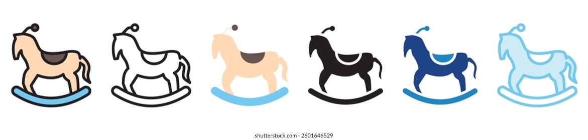 Rocking Horse multi style, mini illustration icon set. outline, flat, glyph, line color, UI, UX, app and web, digital or print. vector EPS 10 related to education, kindergarten, kids and baby.
