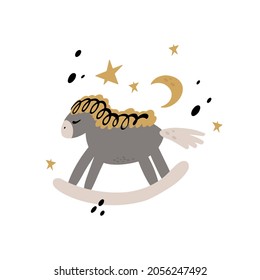 Rocking horse on the background of the moon and stars. Childrens illustrations in cartoon style isolated on white background. For printing on children's clothing, stickers.