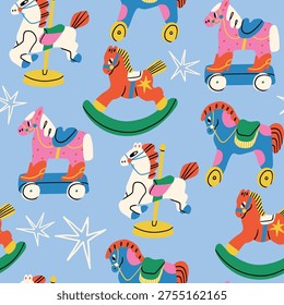Rocking Horse, horse on wheels, carousel Horse. Various childish colorful toys. Retro vintage style. Hand drawn modern Vector illustration. Square seamless Pattern, background, wallpaper 