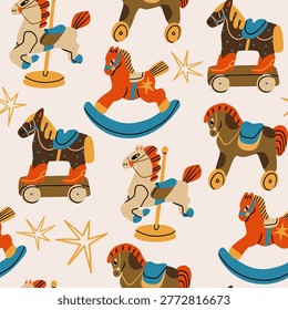 Rocking Horse, horse on wheels, carousel Horse. Various childish colorful toys. Retro vintage style. Hand drawn modern Vector illustration. Square seamless Pattern, background, wallpaper 