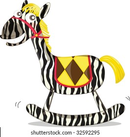 A rocking horse painted like a zebra