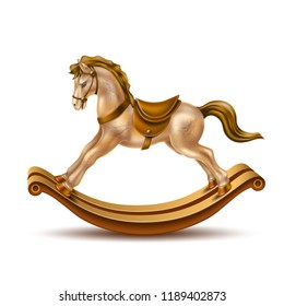 Rocking horse realistic vintage toy for christmas, birthday or new year holiday present. Vector marble golden horse with brown saddle on wooden sticks. 