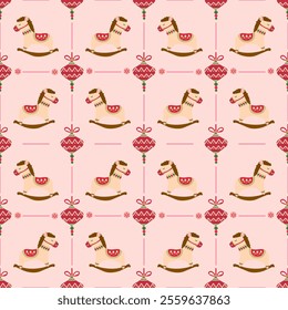 Rocking. Horse toys with ornament on pink background. Seamless pattern. Vector.