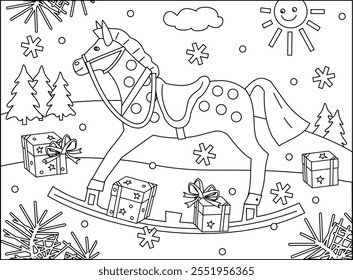 Rocking horse in winter holidays coloring page
