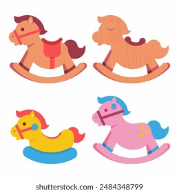 Rocking horses vector cartoon set isolated on a white background.