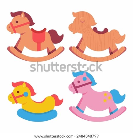 Rocking horses vector cartoon set isolated on a white background.