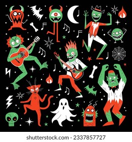 Rocking monster mash festive set. Collection of cute and spooky monsters dancing and playing guitar. Zombie, swamp monster, red cat, ghost and weird characters having fun on holiday horror party.