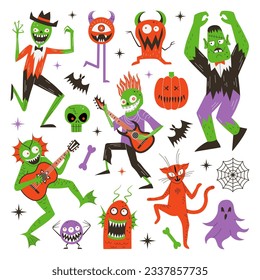 Rocking monster mash festive set. Collection of cute and spooky monsters dancing and playing guitar. Zombie, swamp monster, red cat, ghost and weird characters having fun on holiday horror party.