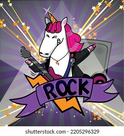 Rocking Unicorn with an electric guitar and a ribbon with the word rock written on it
