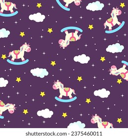 Rocking Unicorn Seamless Pattern. Rocking Horse Paper Wrap. Horse Cartoon Background.