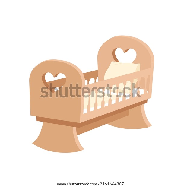 Rocking wooden cradle bed for newborn baby vector\
illustration. Cartoon cute cot with railings and hearts, pillow,\
mattress and blanket for infant girl or boy, nursery furniture\
isolated on white