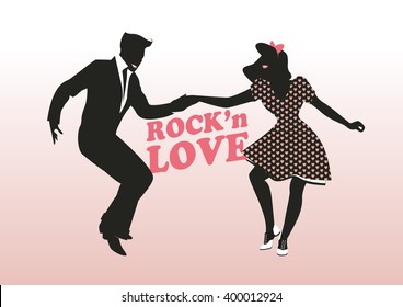 Rock'n Love. Young couple dancing rock'n roll. Black Silhouettes