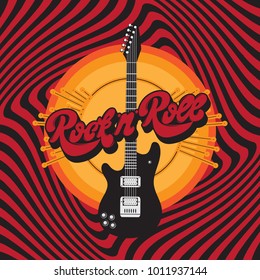 Rock'n' Roll. Vector hand drawn illustration of guitar with wings and handwritten lettering. Tattoo artwork.  Template for card, poster, banner, print for t-shirt, label.