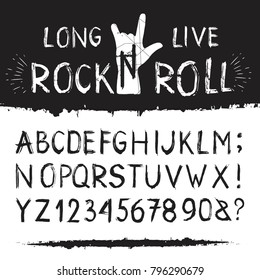 Rocknroll alphabet font. Set of letters and figures in black brush grunge style with long live rock motto for web and interior design. Vector flat style cartoon illustration