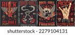 Rocknroll culture set colorful posters with guitars and skulls or goat gesture for punk and heavy metal community vector illustration