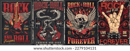 Rocknroll culture set colorful posters with guitars and skulls or goat gesture for punk and heavy metal community vector illustration