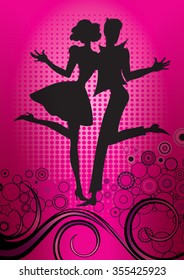  Rock-n-roll or disco dancing. Silhouette drawing vector.Can be used for banners, cards, covers, etc.