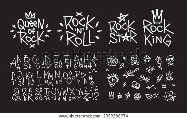 Rock\'n\'roll doodle style icons\
collection with hand written type font. Punk tattoo elements\
collection. Rock music signs for print stump tee and poster\
design