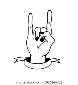 Rock'n'roll. A fan of heavy music. Heavy metal, rock, punk rock. Illustration on white background. Rock star. The human hand. Ribbon for text.