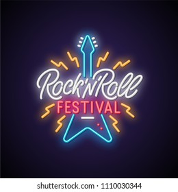 Rock'n'roll festival neon signboard. Vector illustration.