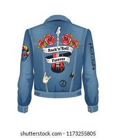 Rock-n-roll forever denim jacket with electric guitar patch. Roses blooming and gesture of horned fingers. Peace sign and bolts vector illustration