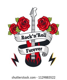 Rock-n-roll forever electric guitar with ribbons. Music instrument with fretted fingerboard and blooming roses. Loud music emblem vector illustration