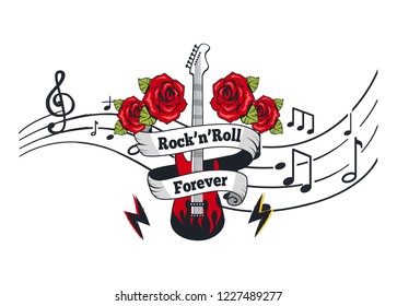 Rock'n'roll forever, electric guitar with roses and banner with text vector. Notation, music sheet with notes and sounds. Lightning string instrument