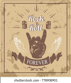 Rock'n'roll forever, hand gesture well-known as horns, white wings, two loudspeakers and ribbon vector illustration isolated on sandy