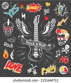 Rock-n-roll forever icons set. Love and music symbol, fire skull with punk hairstyle. Loud music and horned gestures isolated on vector illustration