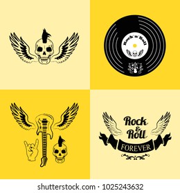 Rock'n'roll forever, icons of skull with punk hairstyle, vinyl, guitar with wings, ribbon and gesture horns vector illustration isolated on yellow