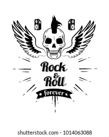 Rock'n'roll forever, image of skull with punk hairstyle and wings, loudspeakers and title below picture, lines as decoration vector illustration