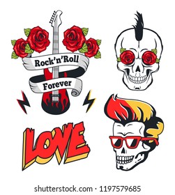 Rock-n-roll forever isolated on white color poster, vector illustration of guitar surrounded by blooming red roses and ribbon with text, skulls set