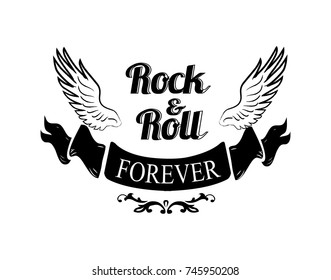 Rock'n'roll forever, title written in black ribbon placed beneath icon of wings represented on vector illustration isolated on white