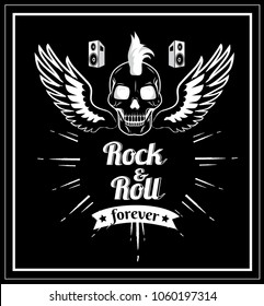 Rock'n'roll forever, title written on white ribbon, image of skull with punk haircut, wings and loudspeakers vector illustration on black