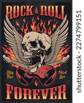 Rocknroll forever vintage colorful poster for concert fashionable rock band with electric guitars and skull with angel wings vector illustration