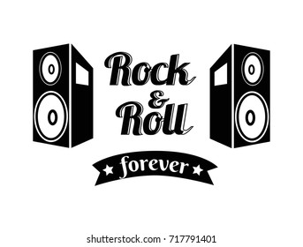 Rock'n'roll forever written in black-colored ribbon, placed between images of loudspeakers vector illustration isolated on white background