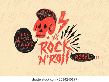 Ilustração grunge do Rock'n'roll com crânio desenhado em giz de cera, relâmpagos, bolhas de fala e letras. Cartaz vetor punk desenhado à mão com textura grunge crayon. Antigo design retrô de cartaz de rock and roll.