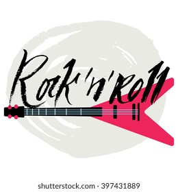 Rock'n'Roll - grunge ink lettering card. Hand drawn lettering poster for decor, banner. Dry brush texture font. Modern calligraphy. Typography illustration for design, apparel, t-shirt, home decor.
