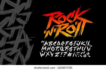 Rock'n'roll grunge style type font - editable vector template. Set of Rock'n'roll and Punk music vintage style font alphabet for print stump tee and poster design. Rock music hand drawn lettering set