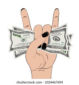 Rock-n-roll hand gesture with clutched currency USA. Hand grasping several of dollars. Heavy metal sign with money. Vector illustration isolated on white background. Square location.