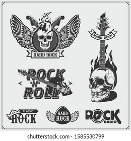 Rock'n'Roll and Hard Rock music emblems, symbols, labels and design elements. Print design for t-shirt.