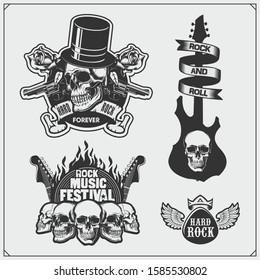 Rock'n'Roll and Hard Rock music emblems, symbols, labels and design elements. Print design for t-shirt.