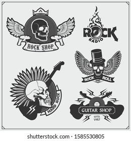 Rock'n'Roll and Hard Rock music emblems, symbols, labels and design elements. Print design for t-shirt.